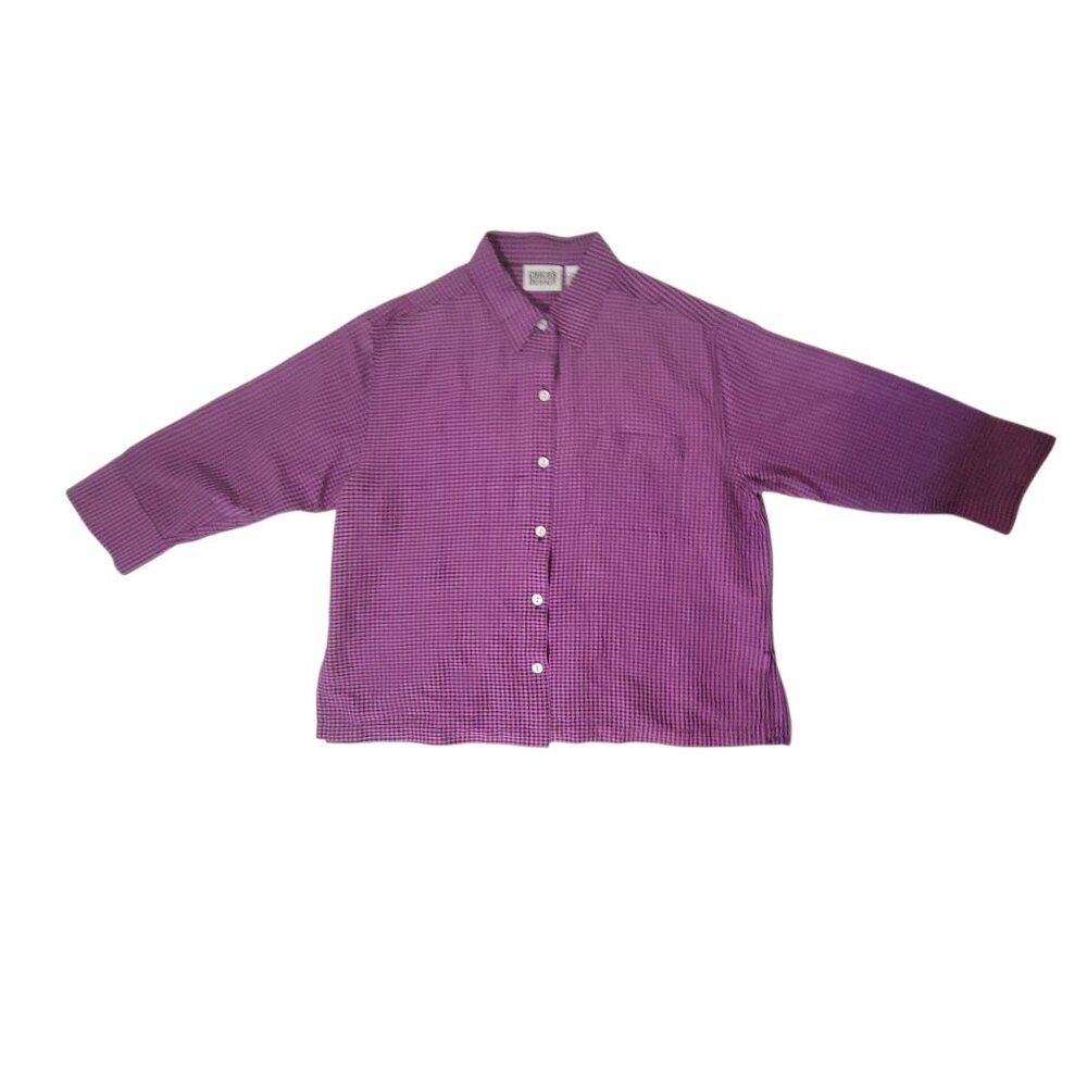 Chicos Design Purple Black Checked Gingham100% Silk Button-Up Shirt Sz 1 M - Picture 2 of 16